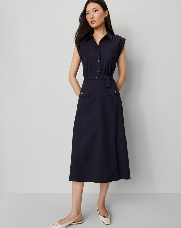 ANN TAYLOR $179 NIGHT SKY BELTED FLARE MIDI SHIRTDRESS DRESS SZ 10P 10 PETITE