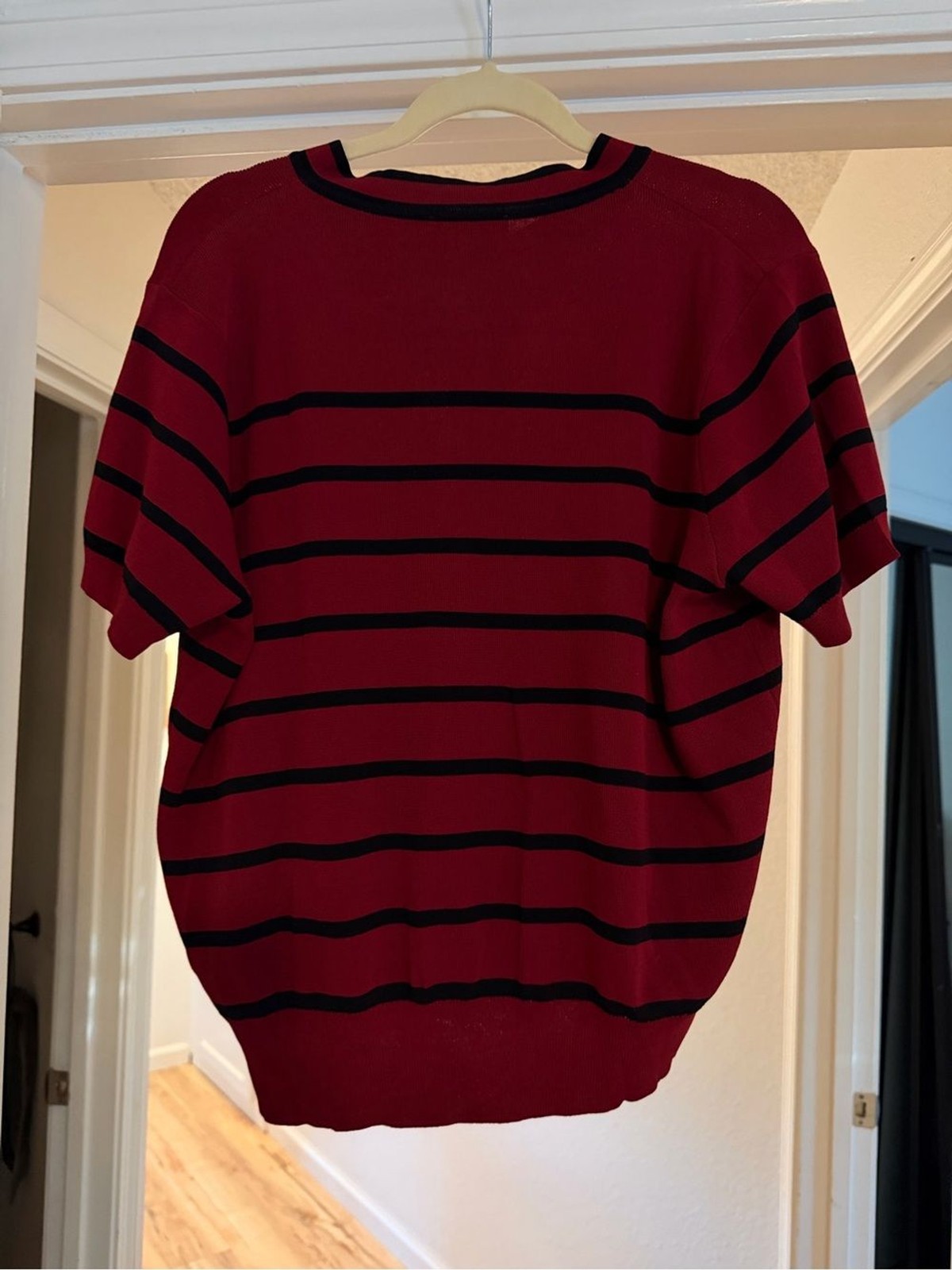 PrettyGarden Red Black Striped Pearl Button Knit Cardigan Top L