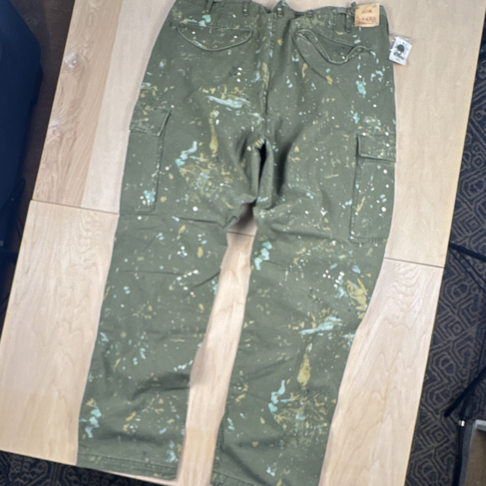 Denim & Supply Ralph Lauren Slim Cargo Pants Green Paint Splatter 38 x 32