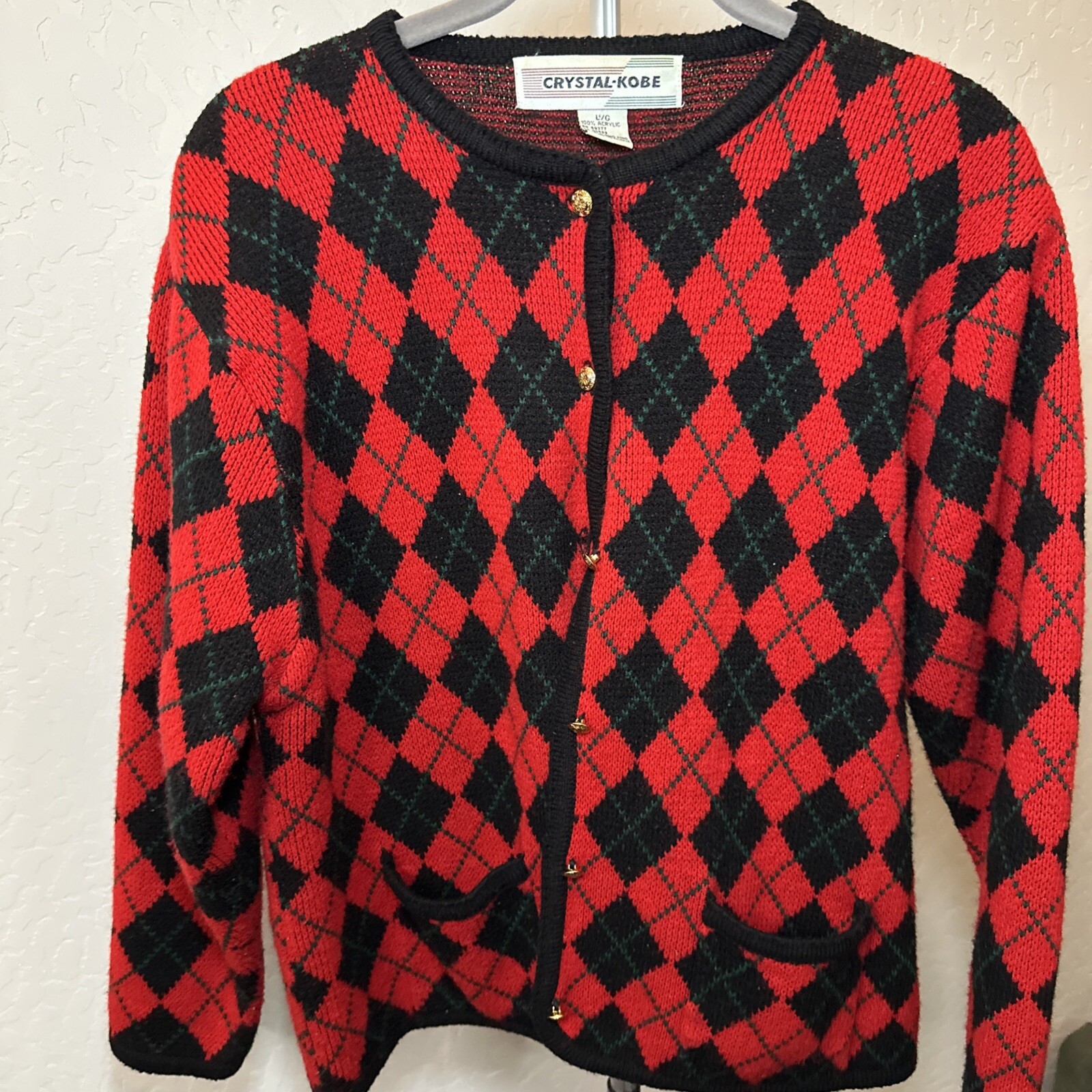 Red Argyle Cardigan Womens Large Black Crystal Gold Button VTG Diamond Sweater