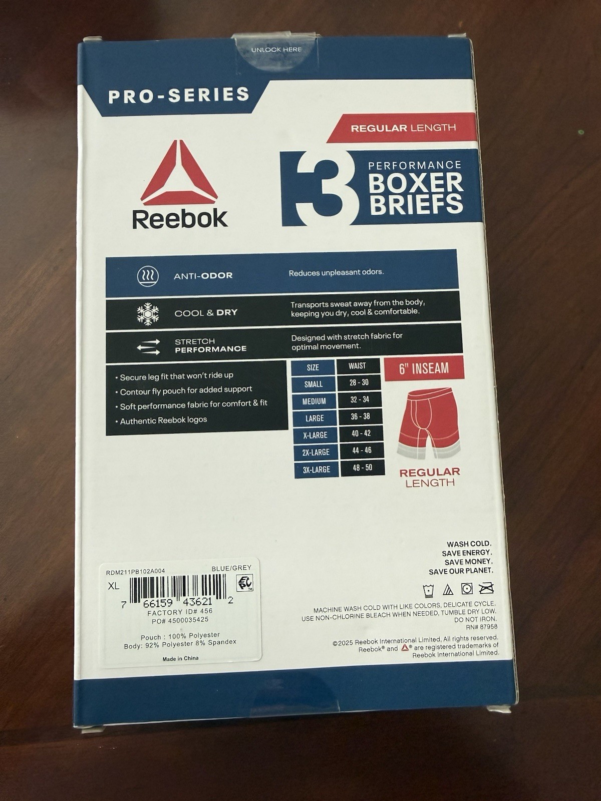 Reebok Pro-Series 3-Pack Boxer Briefs Size XL Regular 6″ Fly Pouch NEW