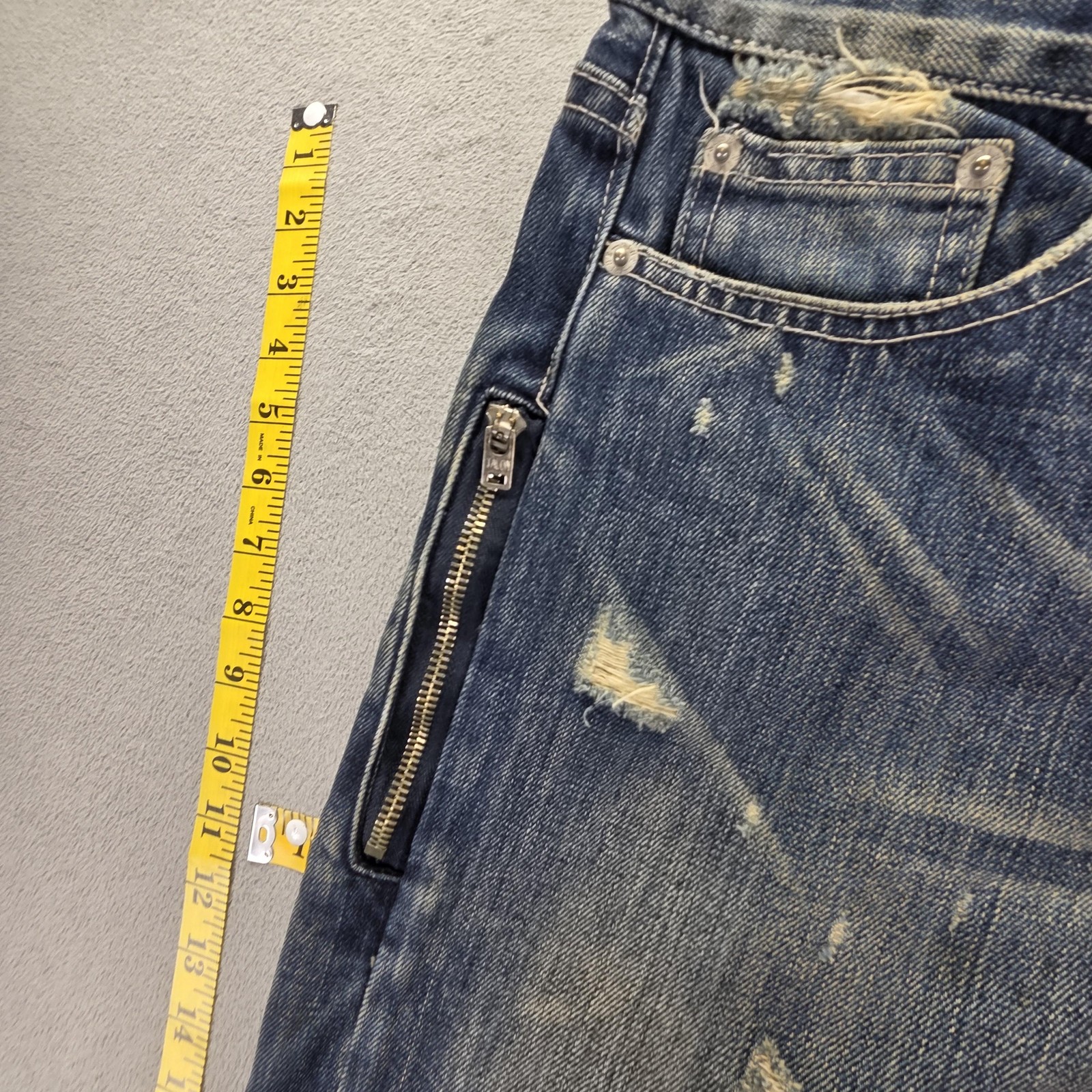 Selvedge Jeans Mens Blue Thrashed Patchwork Whiskers Honeycomb Fits 33×31