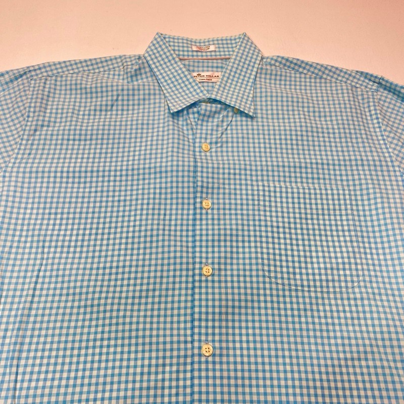 Peter Millar Crown Finish Shirt Long Sleeve Men’s XL Blue Gingham Casual 9564