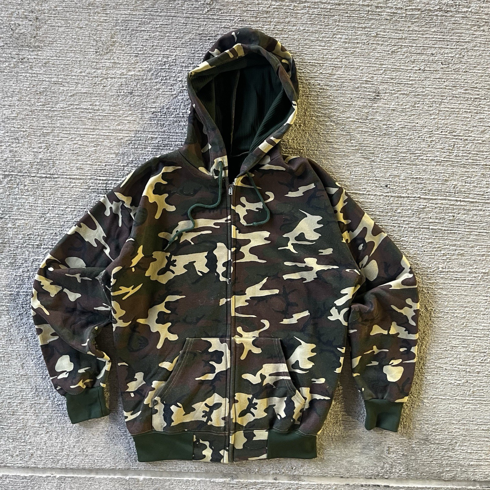 Vintage 90s Camo Zip Up Hoodie Size XL Thermal Lined Waffle Knit Military