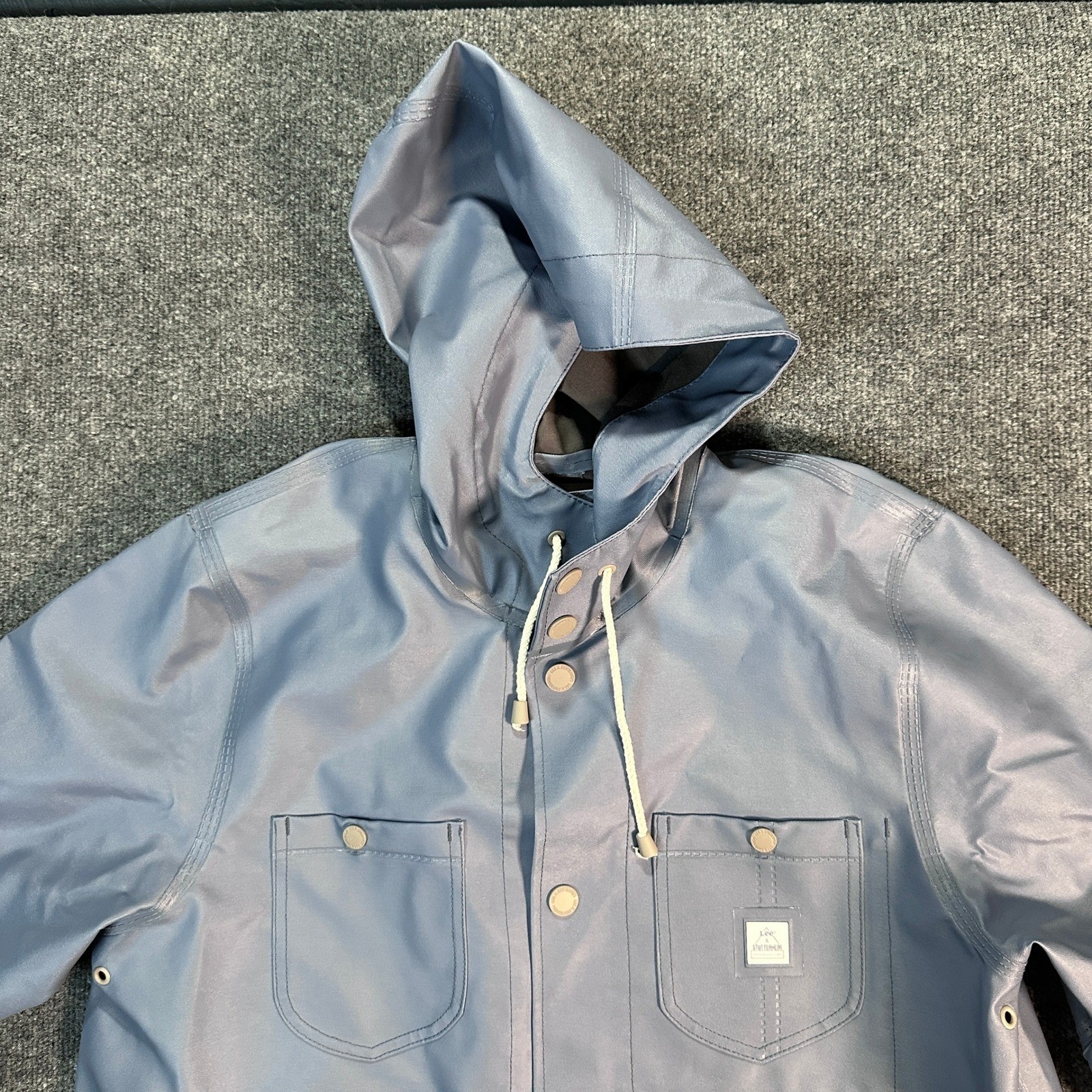 NWT Lee x Stutterheim Trench Coat Ash Blue Rubberized Rain Jacket Hooded Size XL