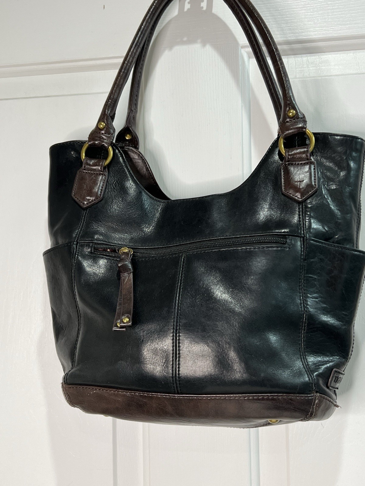 Tignanello Black Leather And Brown Man Made Trim Color Block Shoulder Bag