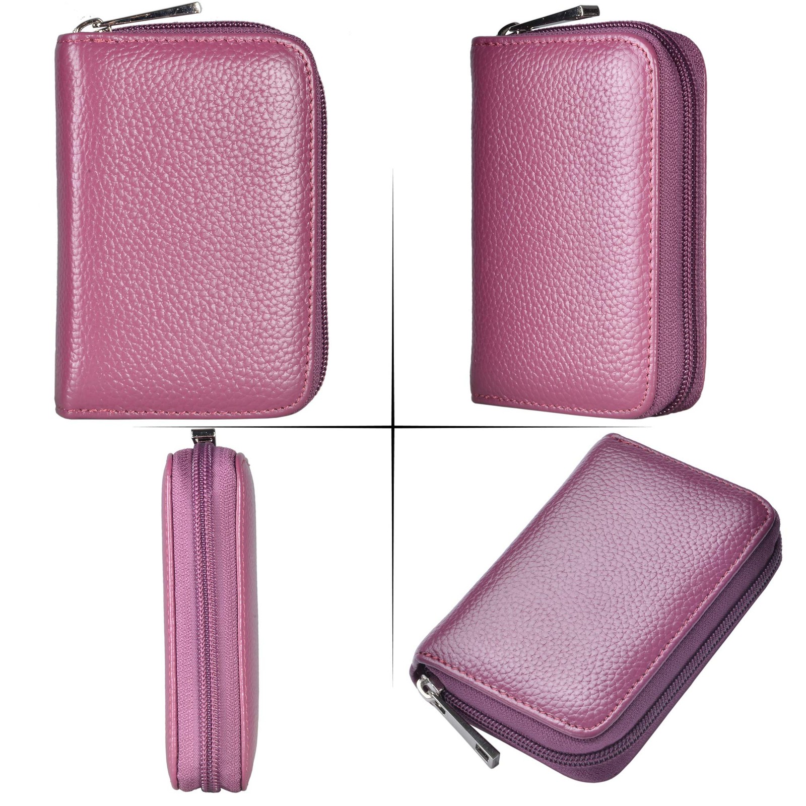 Genuine Leather Credit Card Holder Zipper Wallet With 26 Card Slots (Purple)