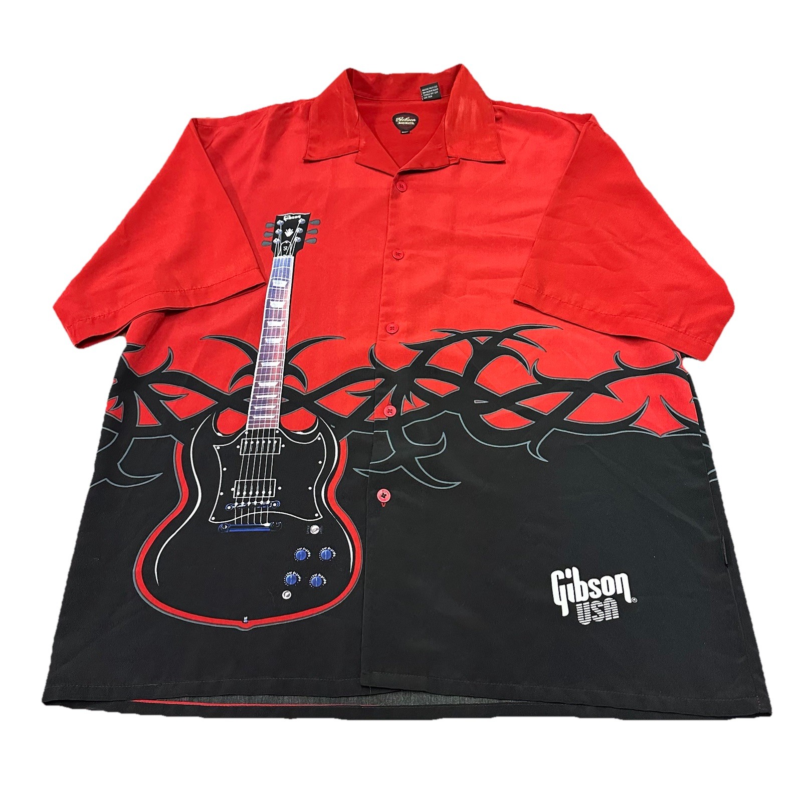 GIBSON GUITARS WORLD TOUR RED BLACK SHORT SLEEVE BUTTON UP SHIRT 2XL Y2K (31)