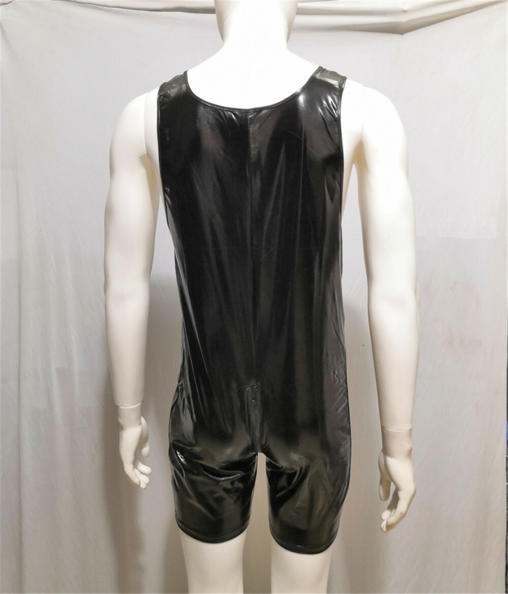 Mens PU Leather Zip Crotch Bodysuit Jumpsuit Wrestling Singlet Leotard Shorts