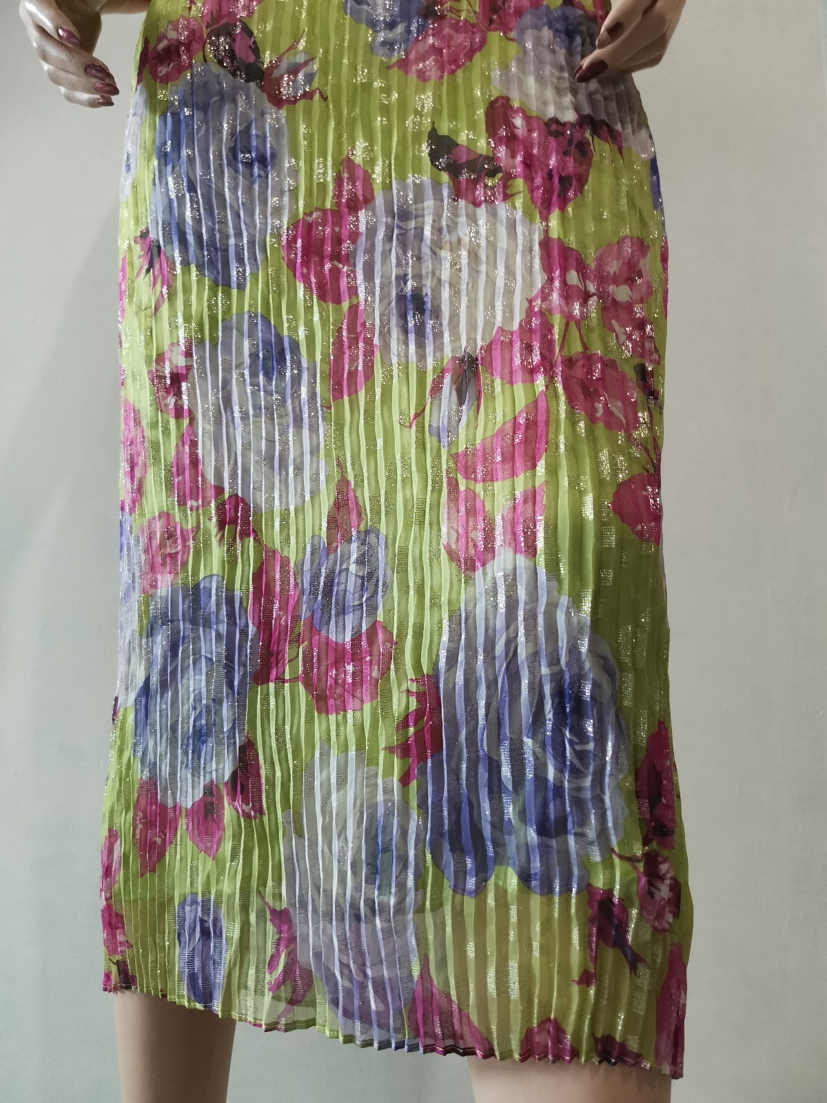 🆓US🛃 vtg 2000 Dolce&Gabbana floral printed Corrugated pleated Silk Dress IT 44