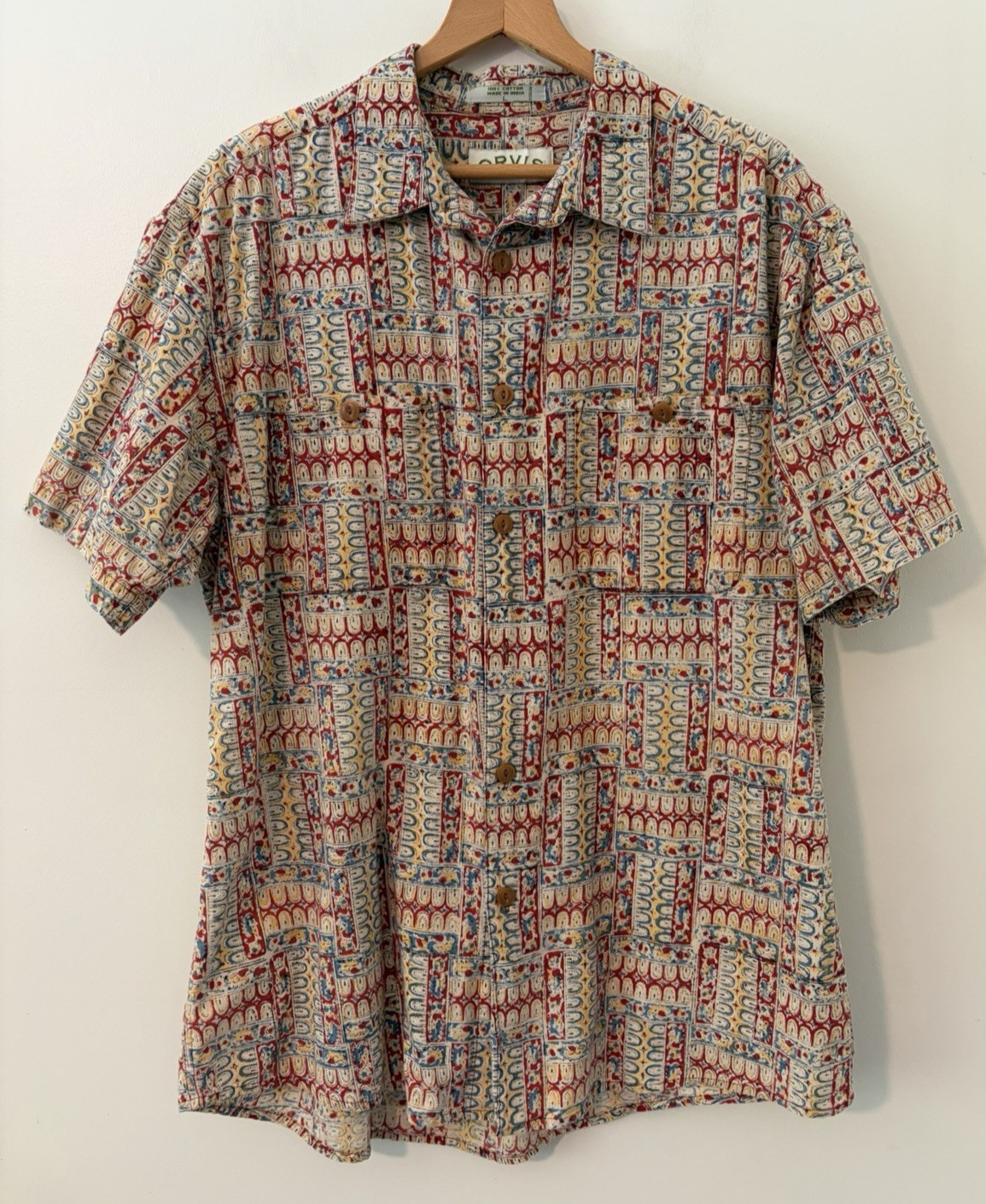 Vintage Orvis Shirt Men’s Size Large Geometric Fly Fishing Top Short Sleeve