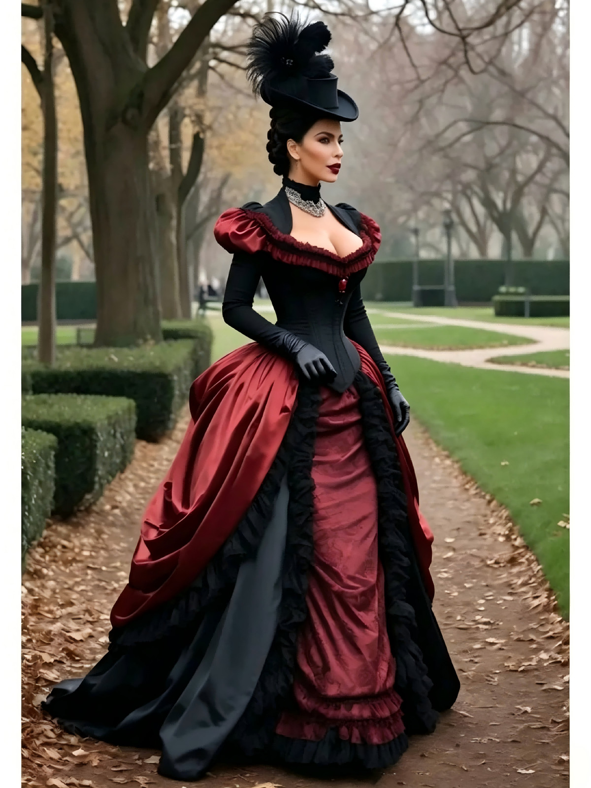 Black Red Victorian Corset Ball Gown with Hat Gothic Steampunk Costume