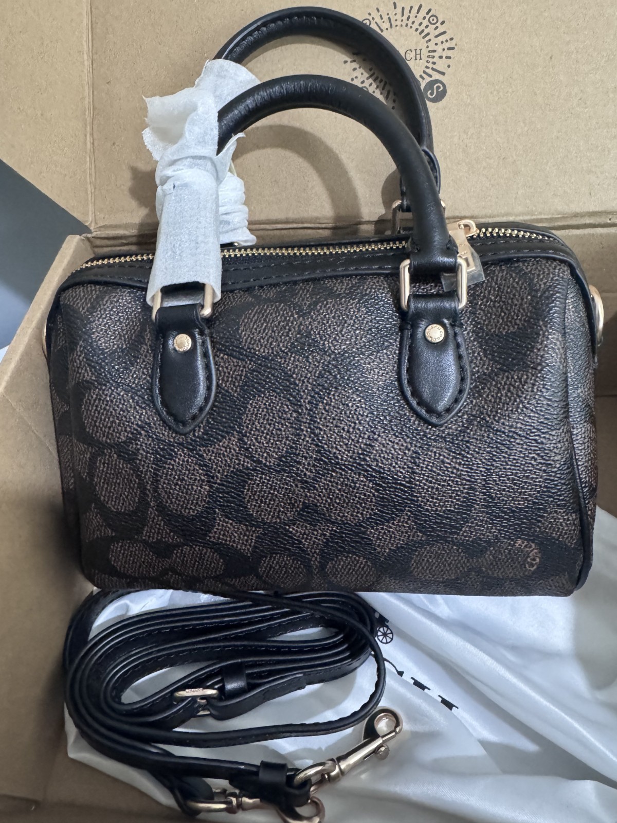 NEW Coach Mini Rowan Crossbody Bag In Signature Canvas CW329 Gold/Walnut/Black