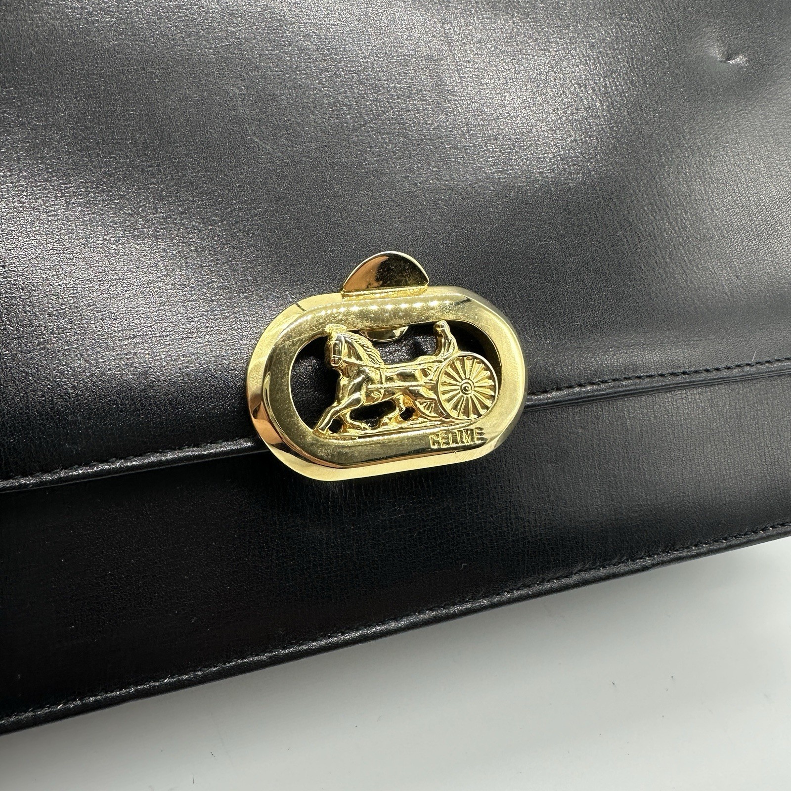 Celine Shoulder Bag Horse Carriage Vintage Black Gold Leather Purse Authentic!!