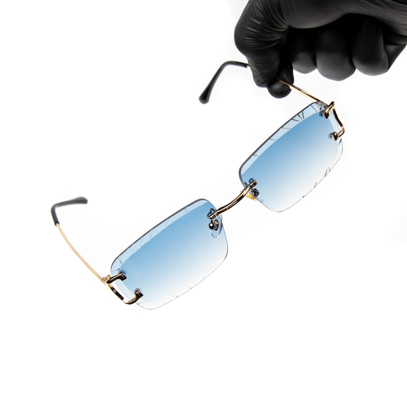 Men’s Gem Cut Blue Tint Gold Frame Hip Hop Rimless Luxury Rectangle Sunglasses