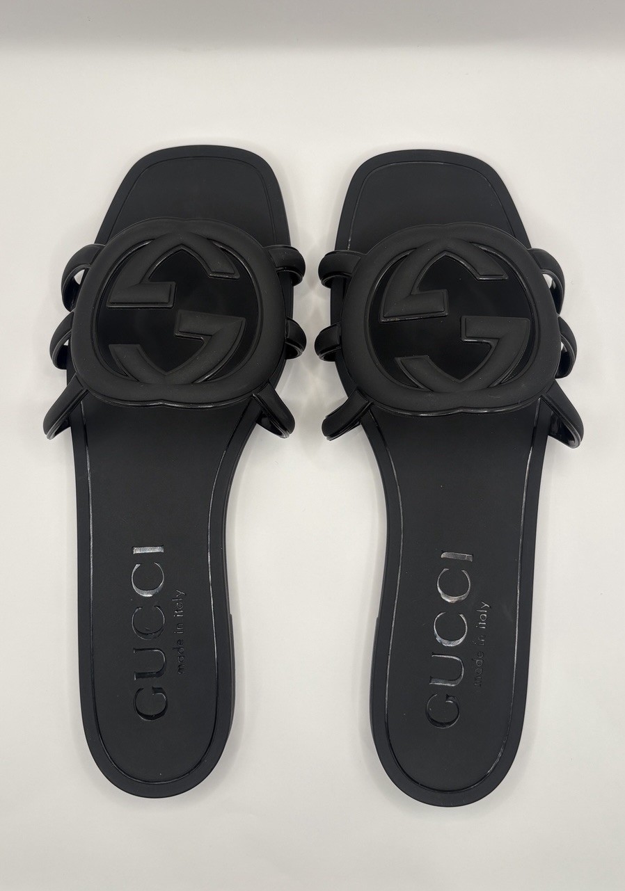Gucci Interlocking G Jelly Rubber Slide Sandals Black Logo 40/9