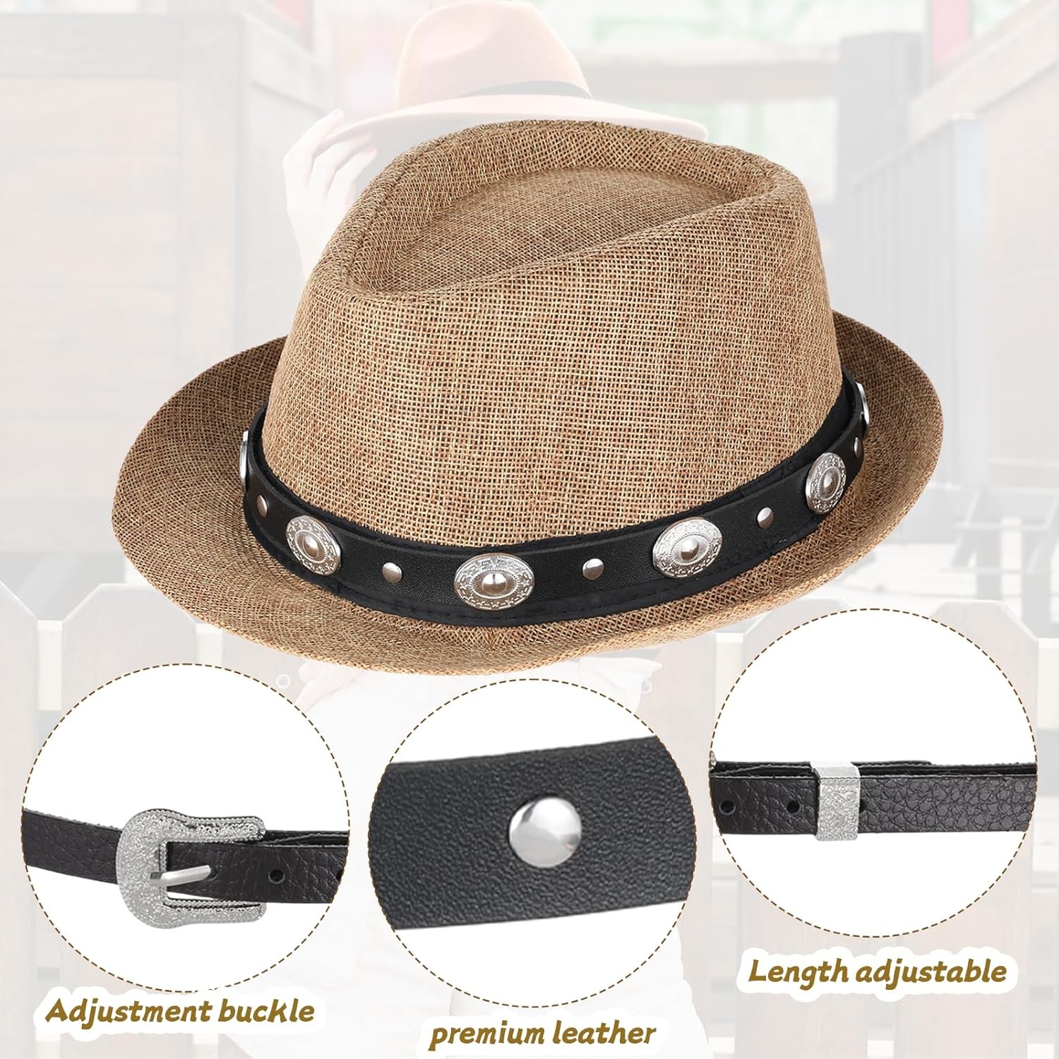 2PCS Black Cowboy Hat Bands for Men, Adjustable Western Hat Bands for Cowboy Hat