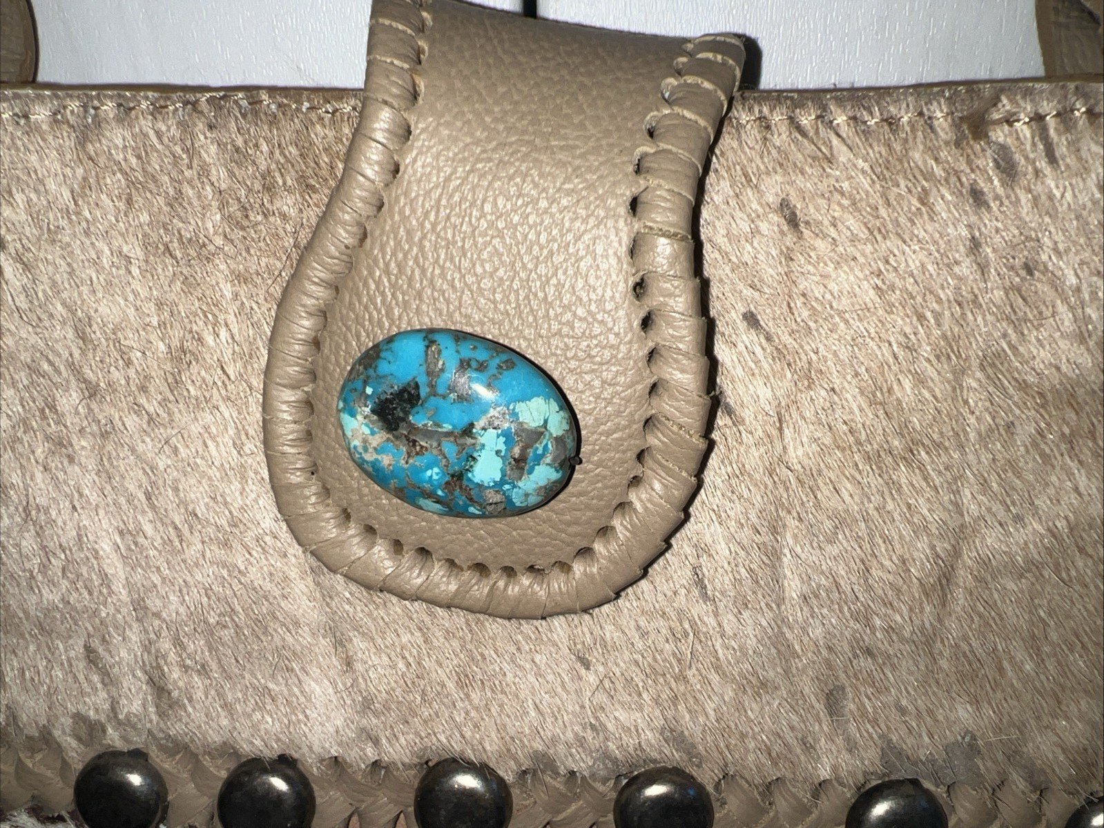Paige Wallace Designs Acid Washed Cowhide Cafe Tote w/Turquoise Stone NWOT