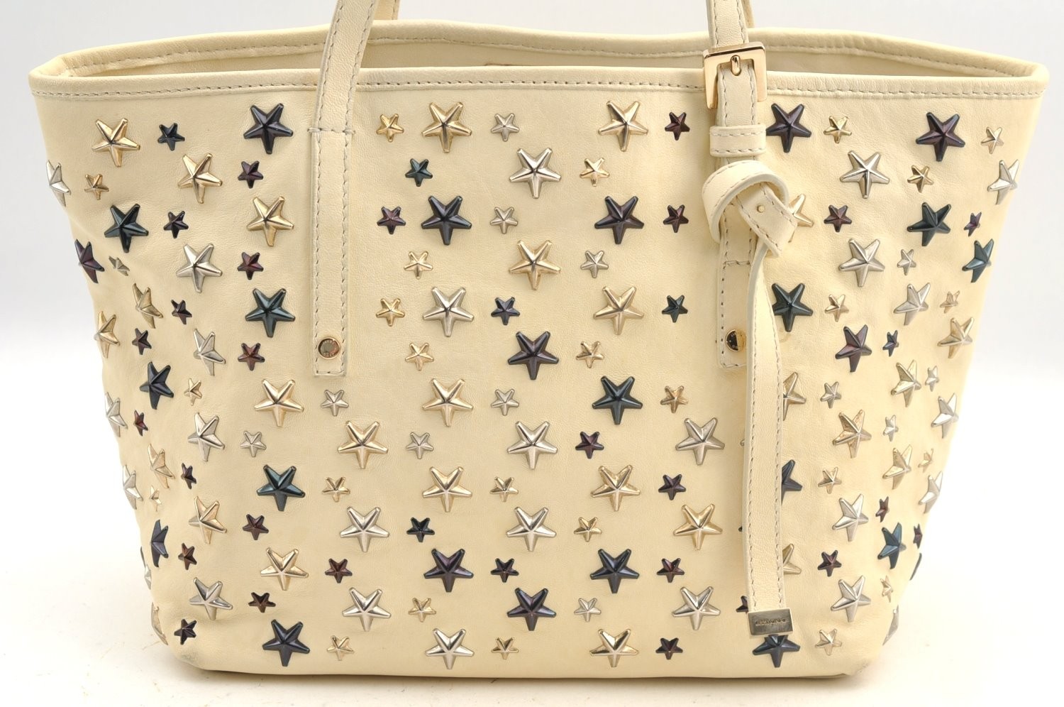 Authentic JIMMY CHOO Sasha S Star Studs Leather Shoulder Tote Bag White AB597
