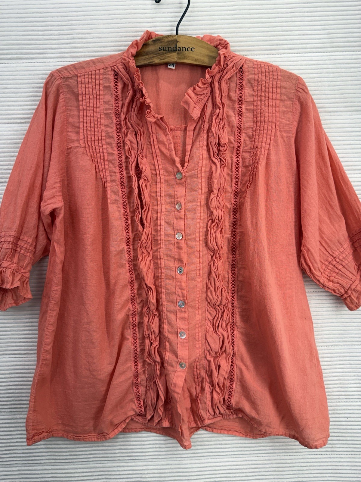 JP And Mattie Madeleine Ruffle Lace Shirt Melon Orange Pintucked Half Sleeve M