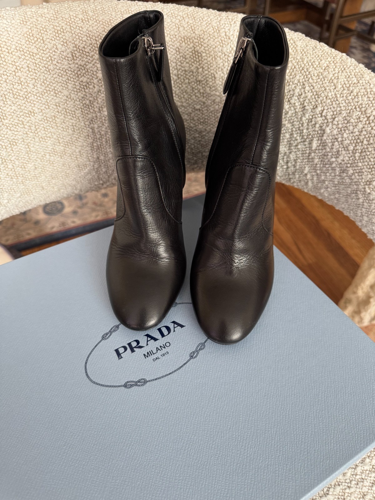 Prada Black Leather Ankle Boots Block Heel Side Zip Size 34 EU 4 US