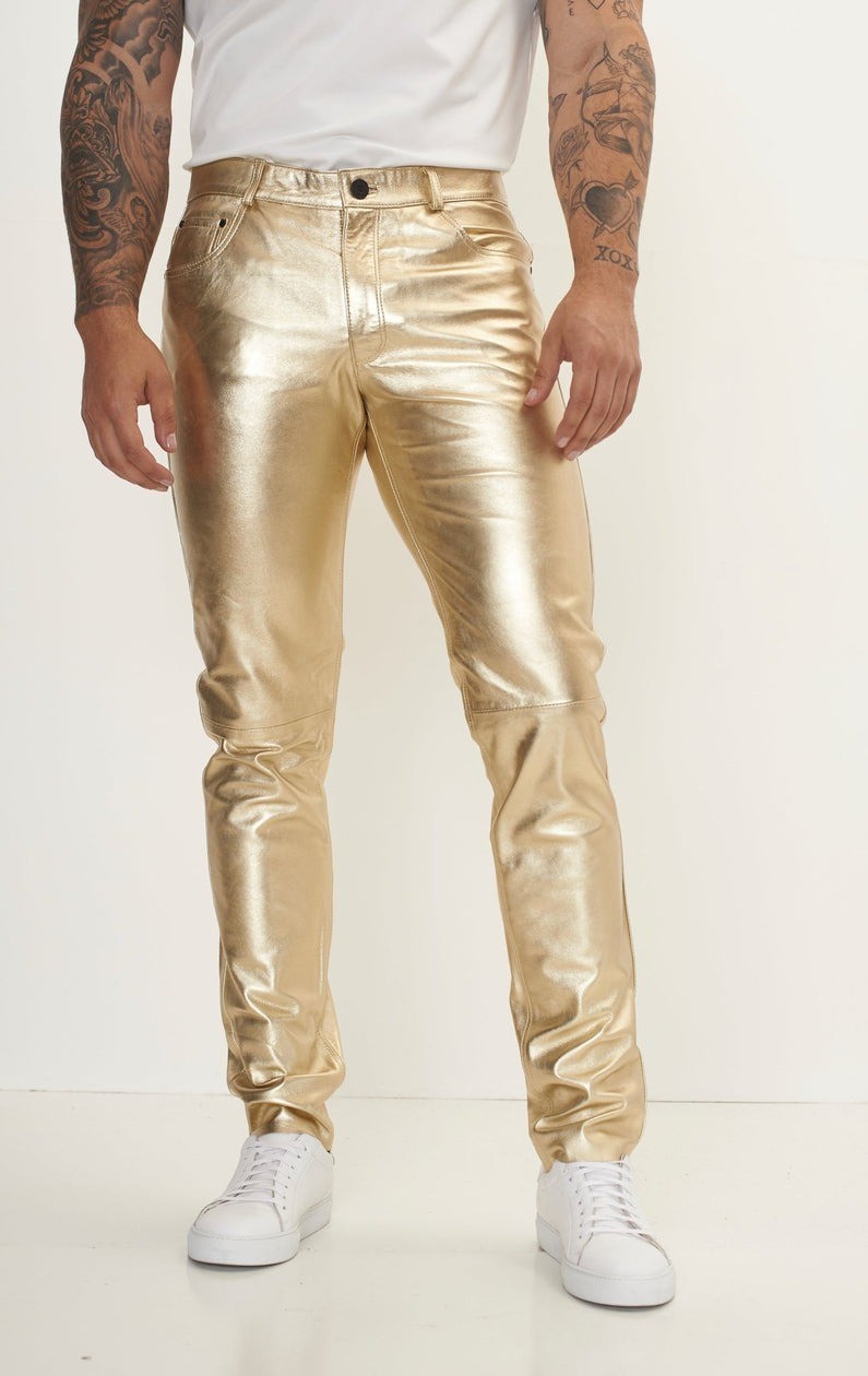 Leather Pants Men Pant Trousers Slim Biker Fit Men’s Jeans Style Real New Gold 9