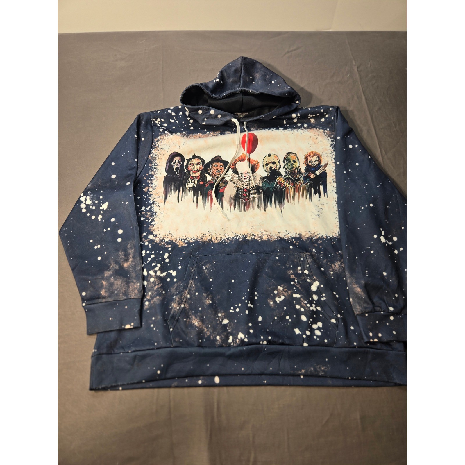 Horror Movie Characters Bleached Hoodie Navy Blue Slasher Graphic Sweatshirt XL
