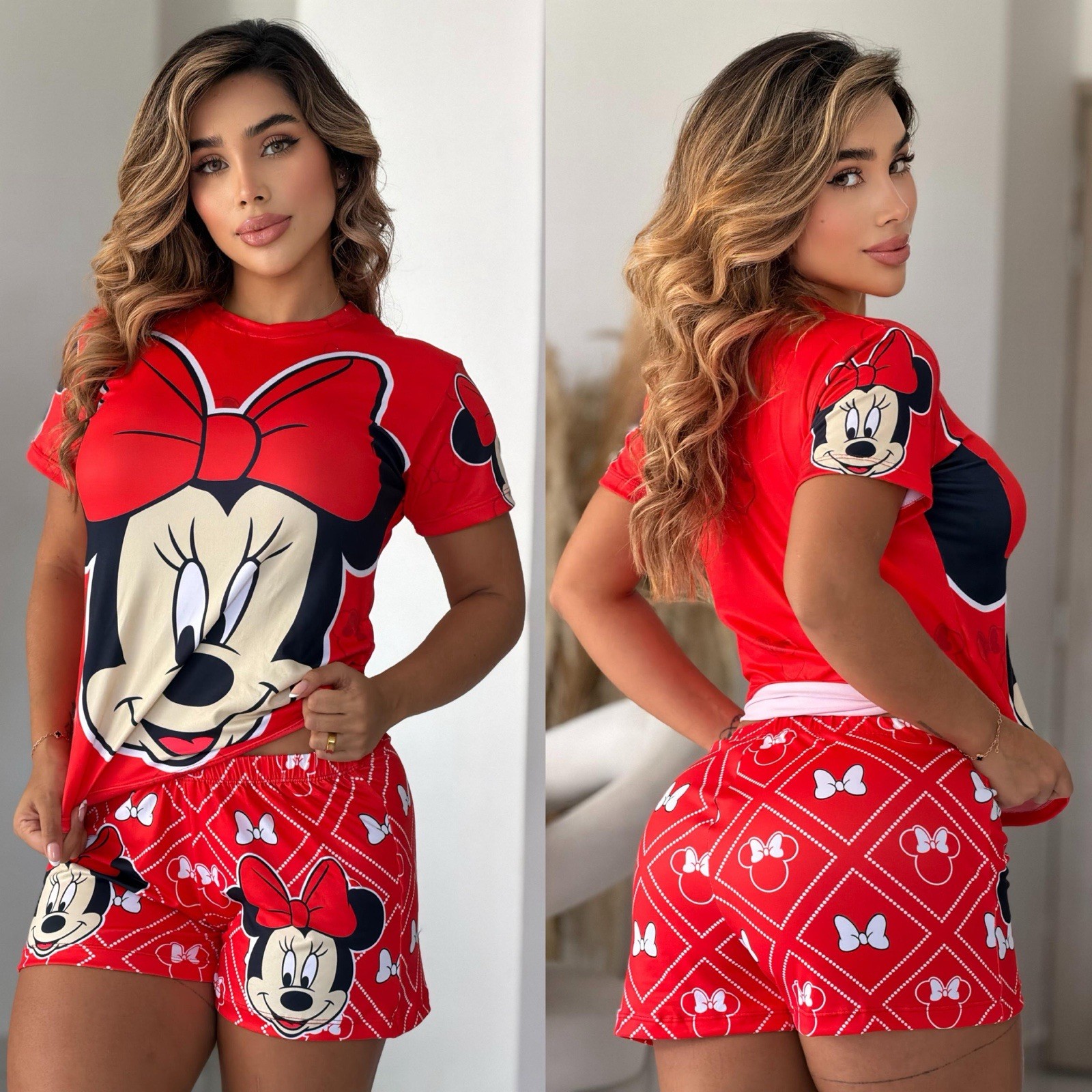 Minnie Mouse Women’s Pajama Set One Size Short Sleeve Top & Shorts Red