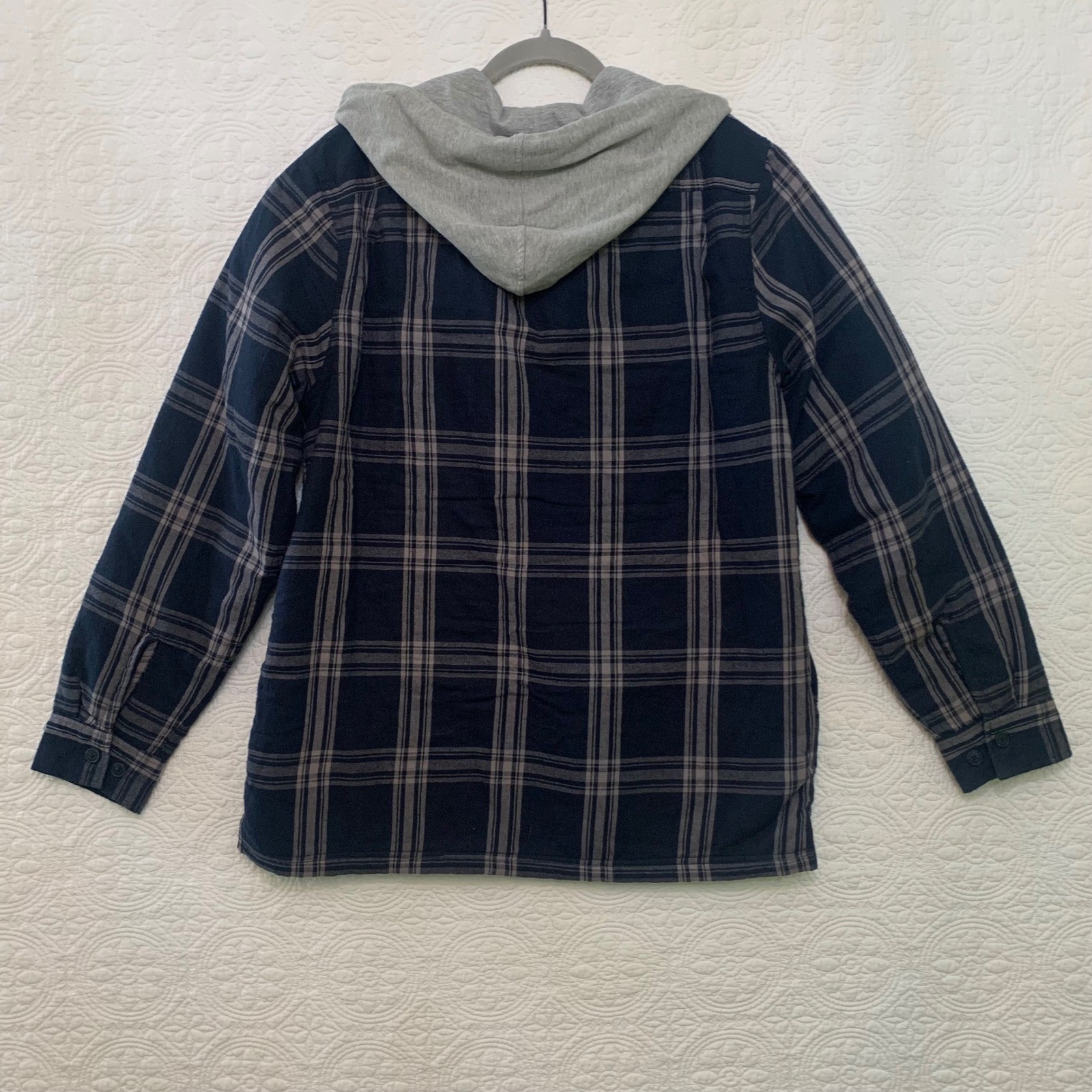 Weatherproof Vintage Mens Sherpa Lined Flannel Hooded Shirt Jacket Navy Grey L