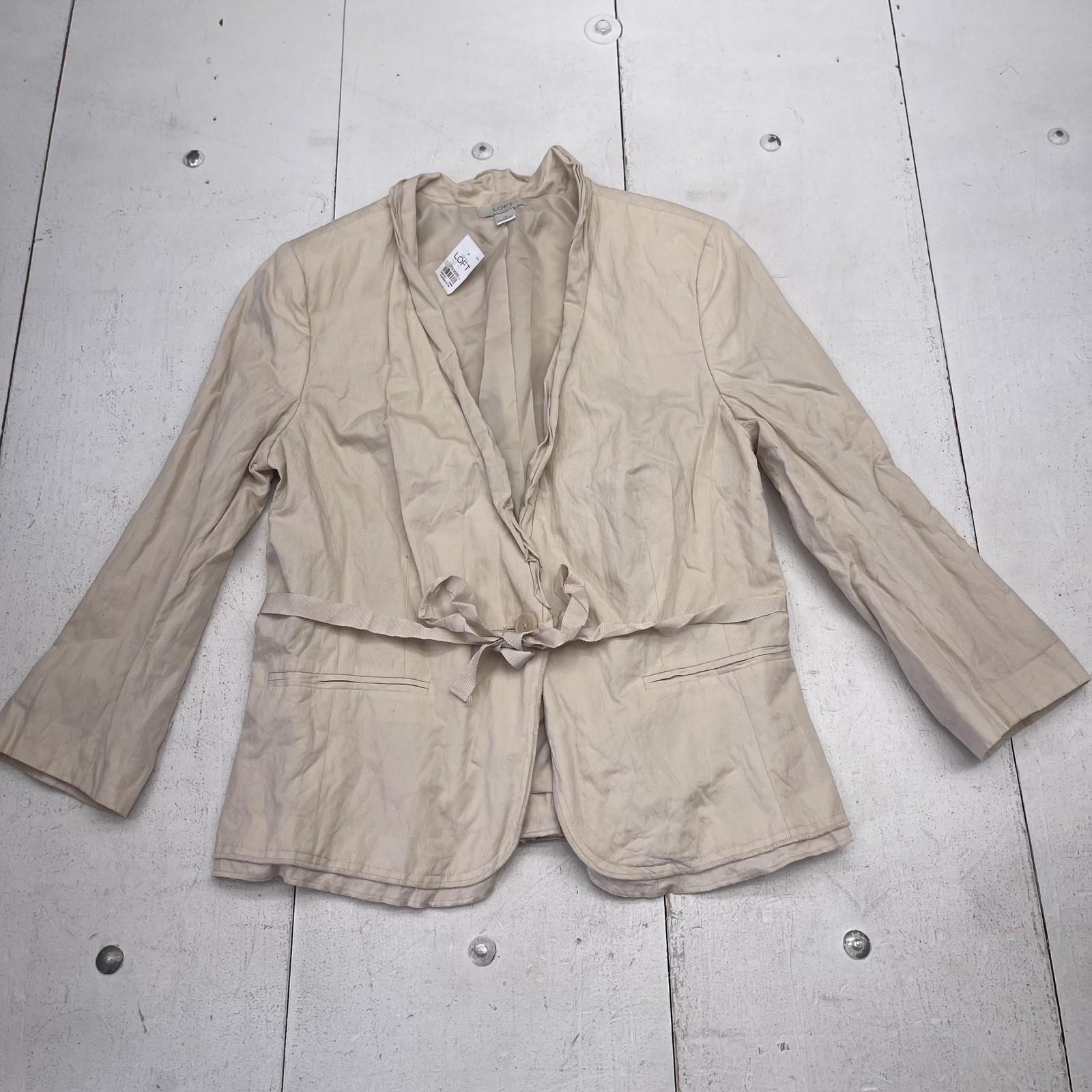 LOFT Blazer Jacket Womens 14 Beige Collarless Belted Tie Waist Lined Lightweight