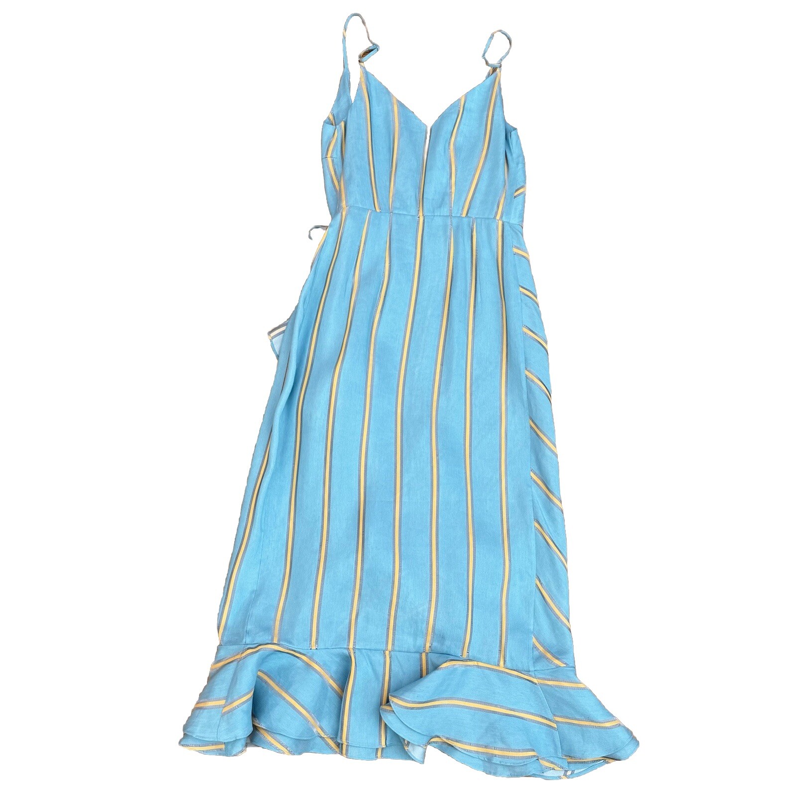 PAPER LONDON NWT Peonie Ruffled Striped Linen Rayon Midi Wrap Dress Blue Size 4