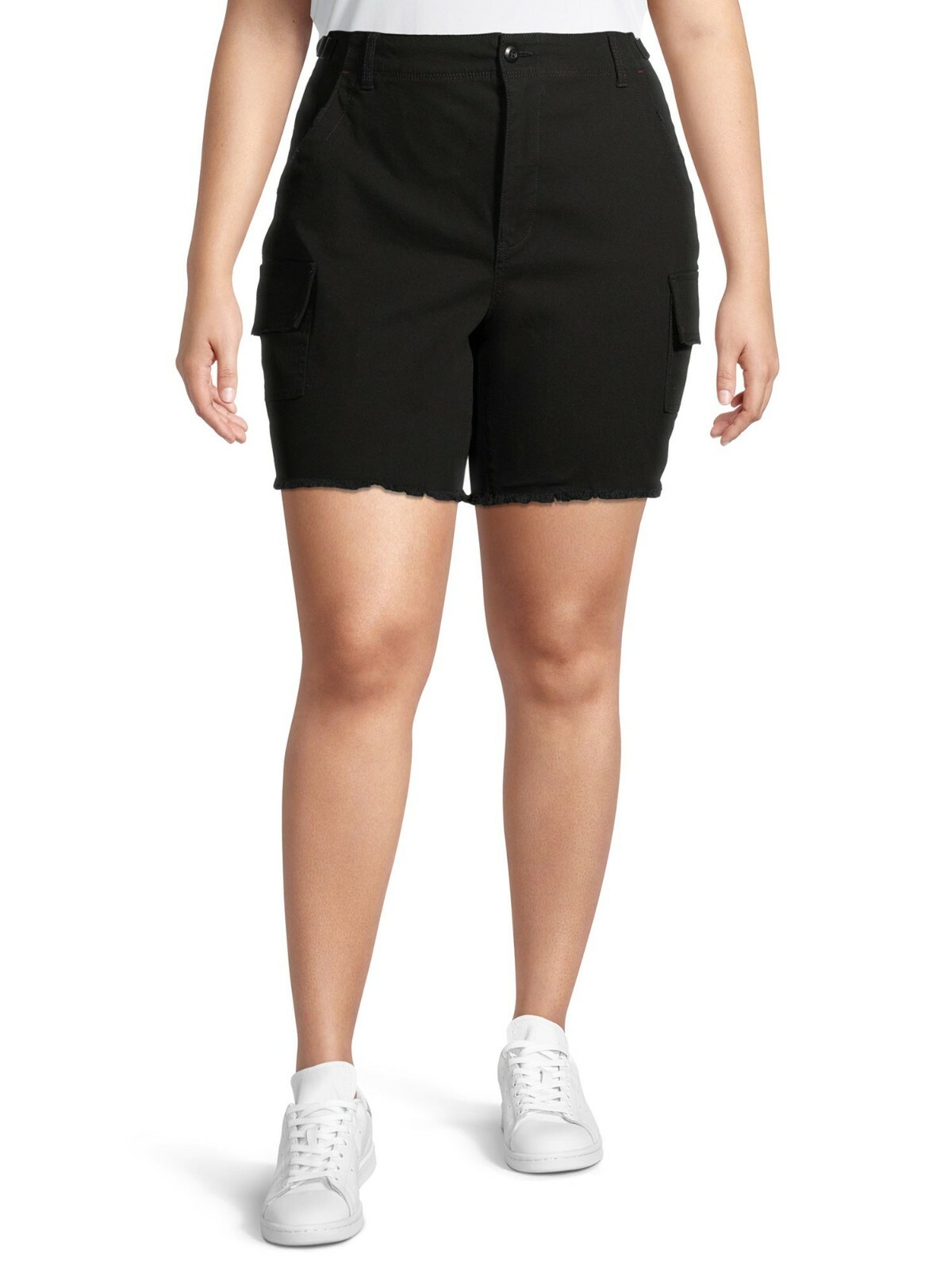 Terra & Sky Women’s Plus Denim Utility Shorts Size 18W Solid Black Frayed Hem