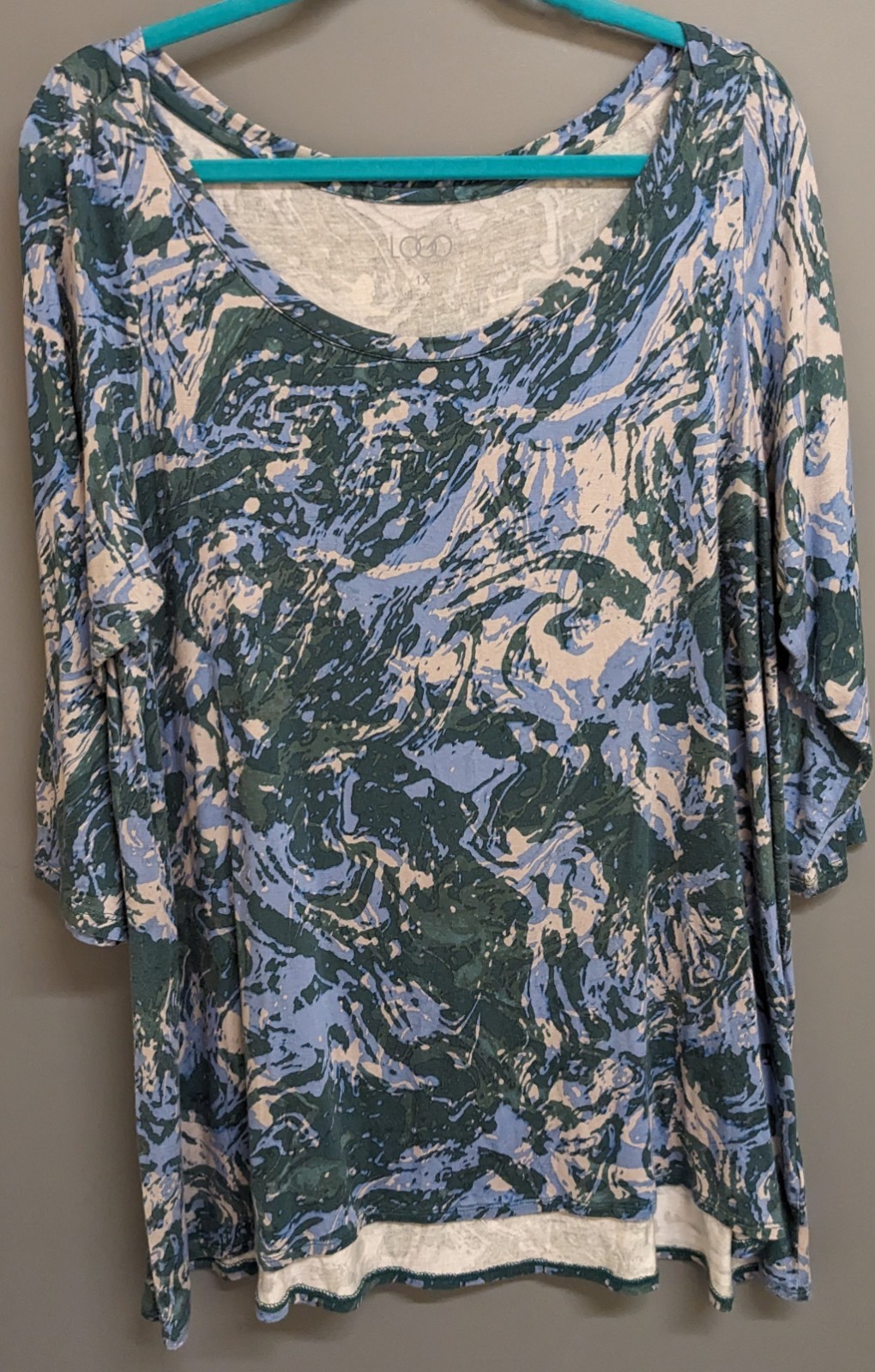 Logo Rayon Hi Lo Top Womens 1X Stretch Loose Shirt 3/4 Sleeve Lori Goldstein