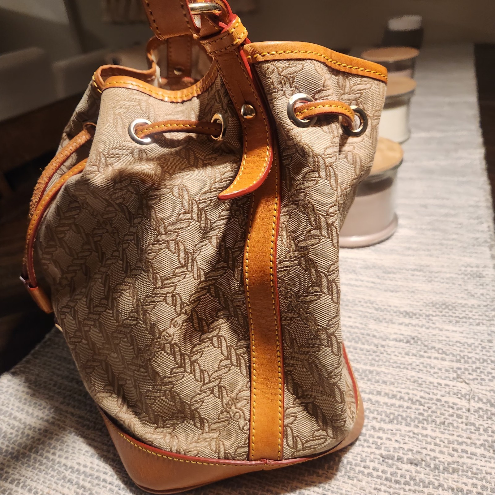 Dooney & Bourke Logo Bucket Drawstring Shoulder Bag Beige/Brown Gold Hardware