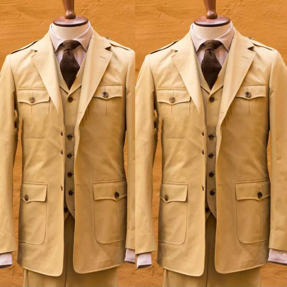 Kahki Men’s Suit Safari Jacket Casual Wedding Tuxedo Hunting Coat Pant Vest 3pcs