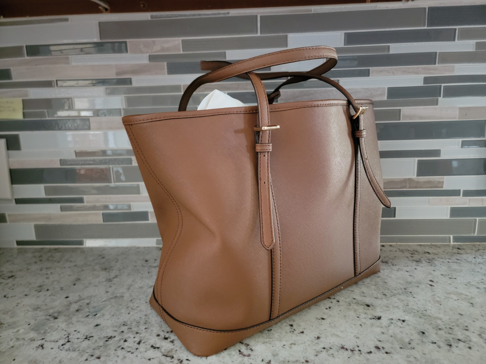 Michael Kors Jet Set Medium Saffiano Leather Top-Zip Tote Bag Brown Purse