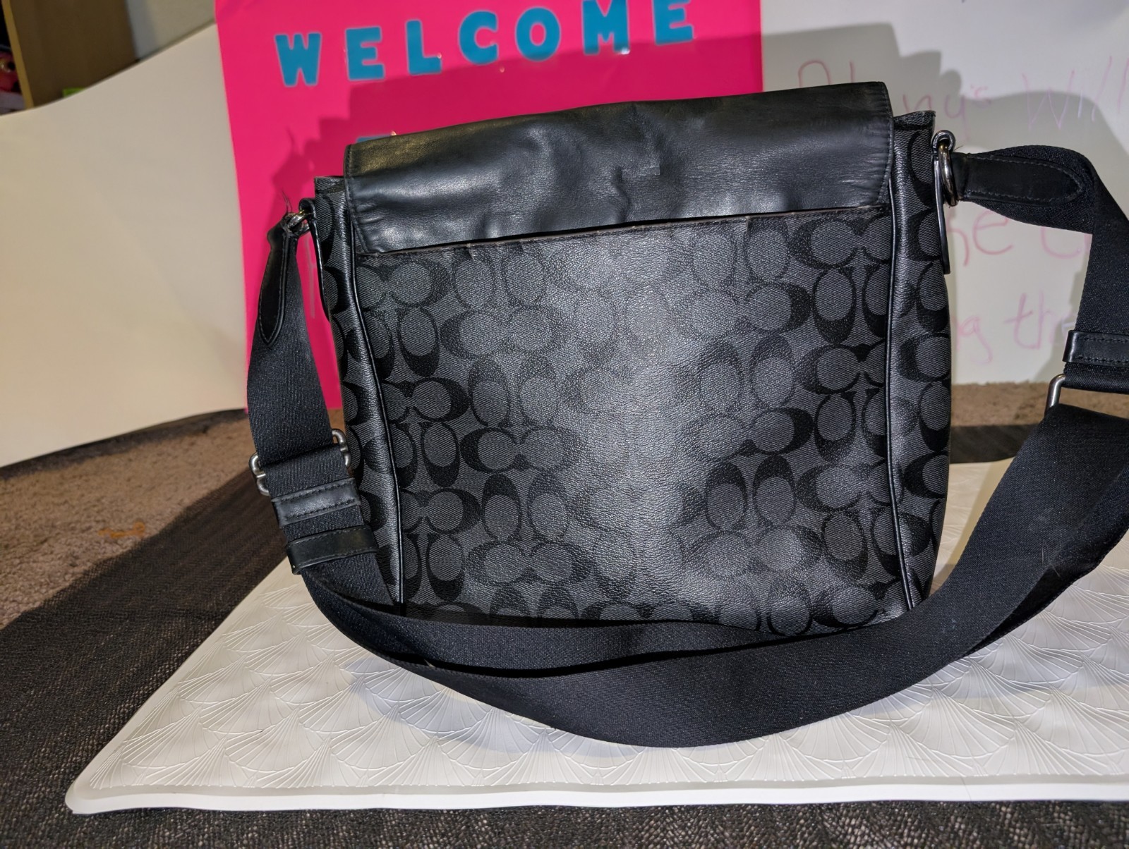 Coach Signature Monogram Messenger Crossbody Bag Black/Gray Magnetic Strap