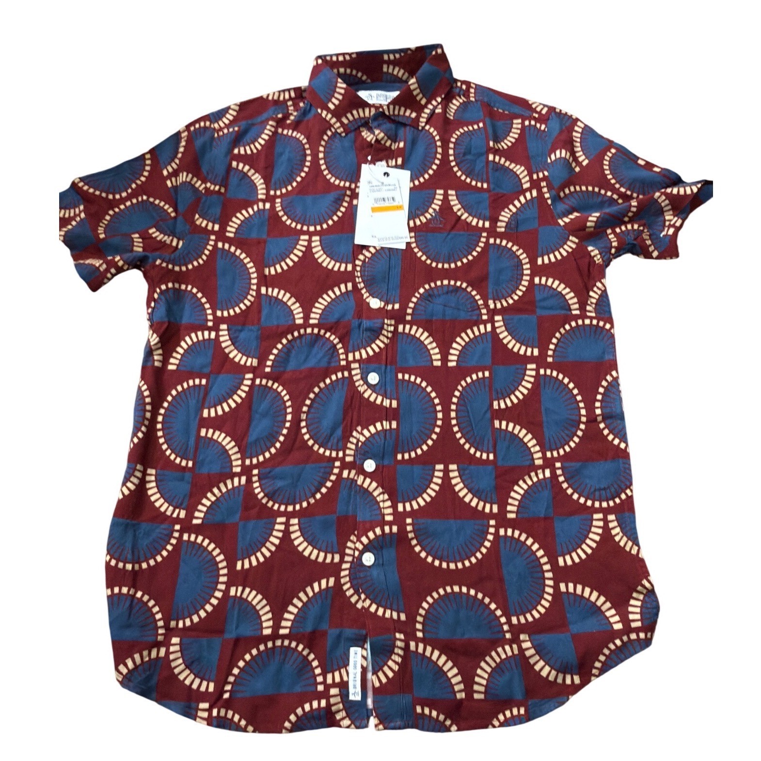 Penguin Mens Short Sleeve Button Down Shirt Cabernet Fan Print S FF21