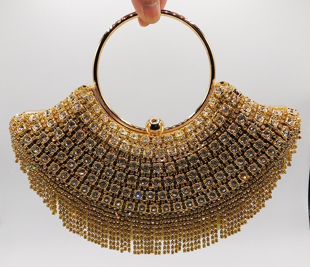 New Rhinestone Evening Handbag Handle Tassel Wedding Party Clutch Purse Gold5280