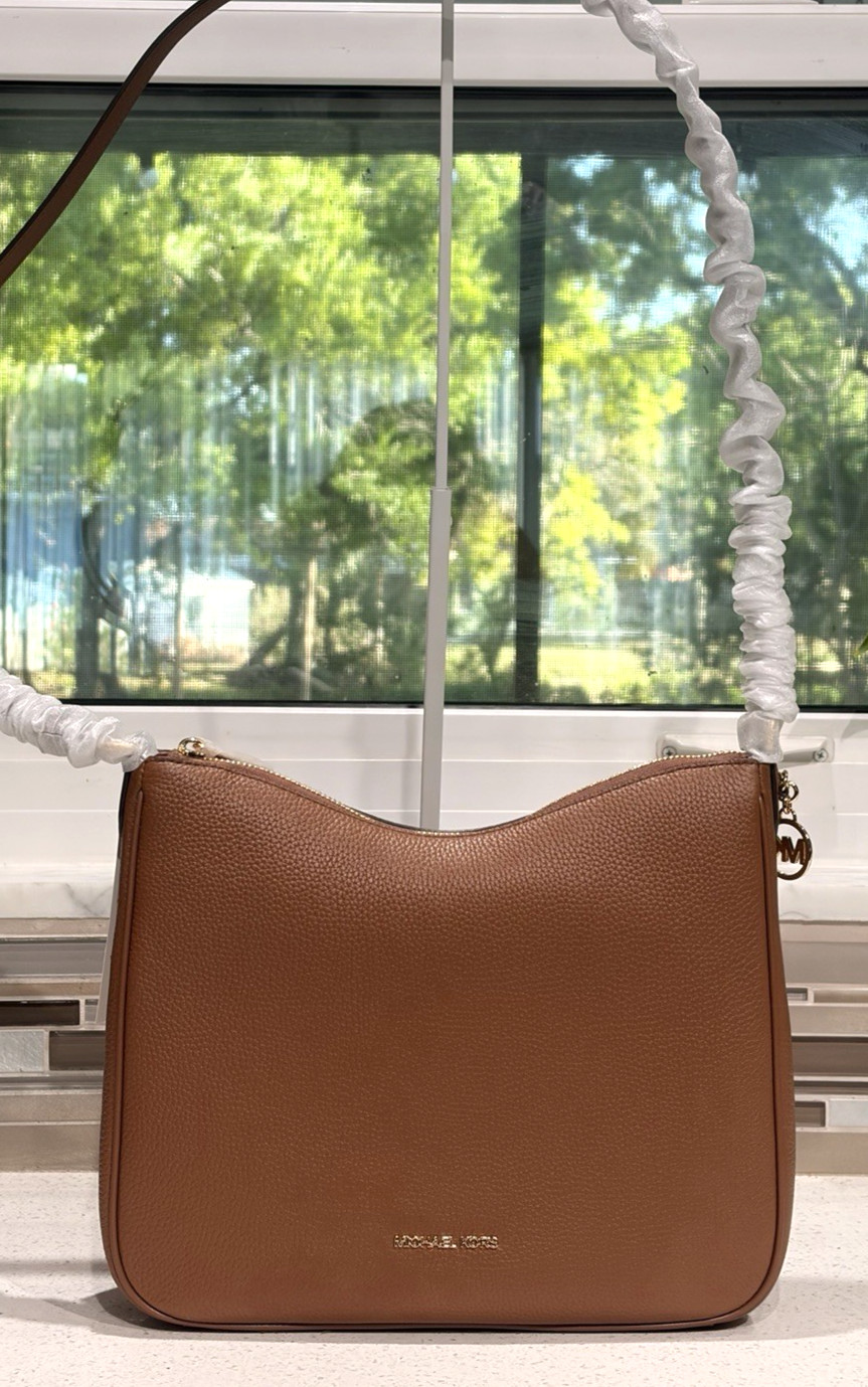 MICHAEL KORS NAYLA MEDIUM ZIP MESSENGER CROSSBODY BAG TOTE PURSE MK BROWN GOLD