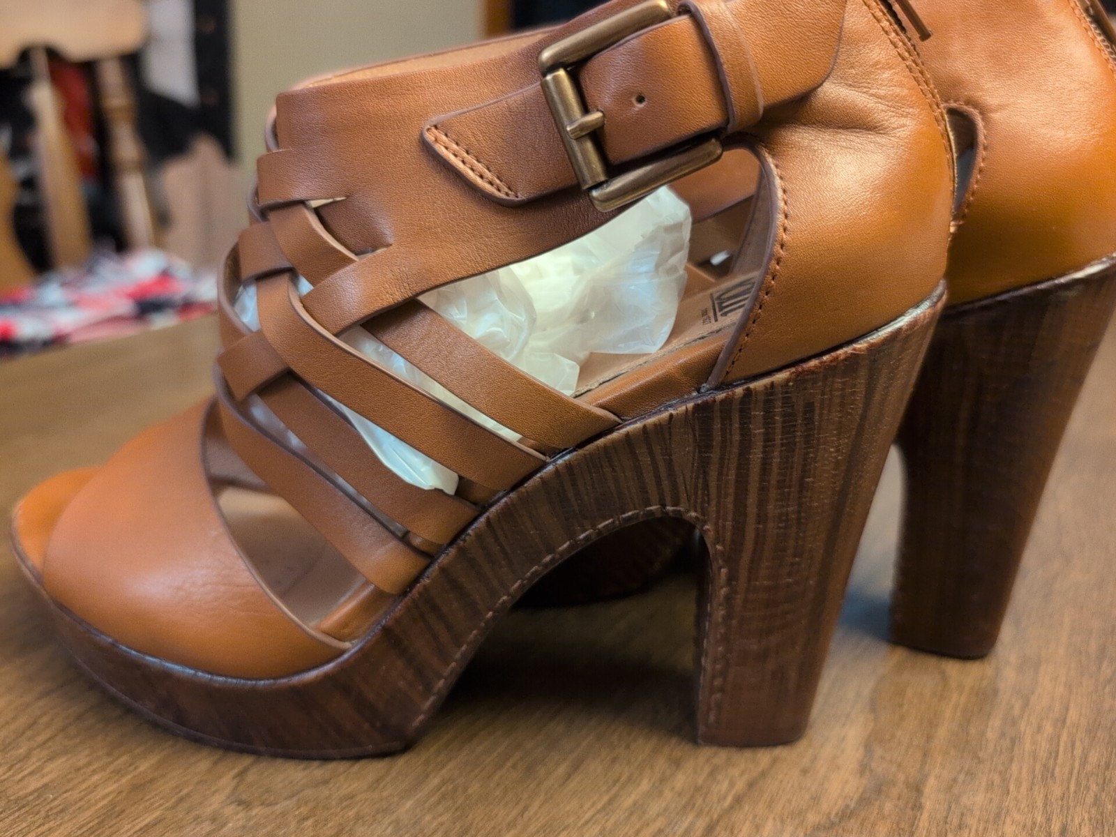 Sofft 9.5 Ohanna Brown Tan Vowen Leather Heel Sandal Weave Boho Platform Retro