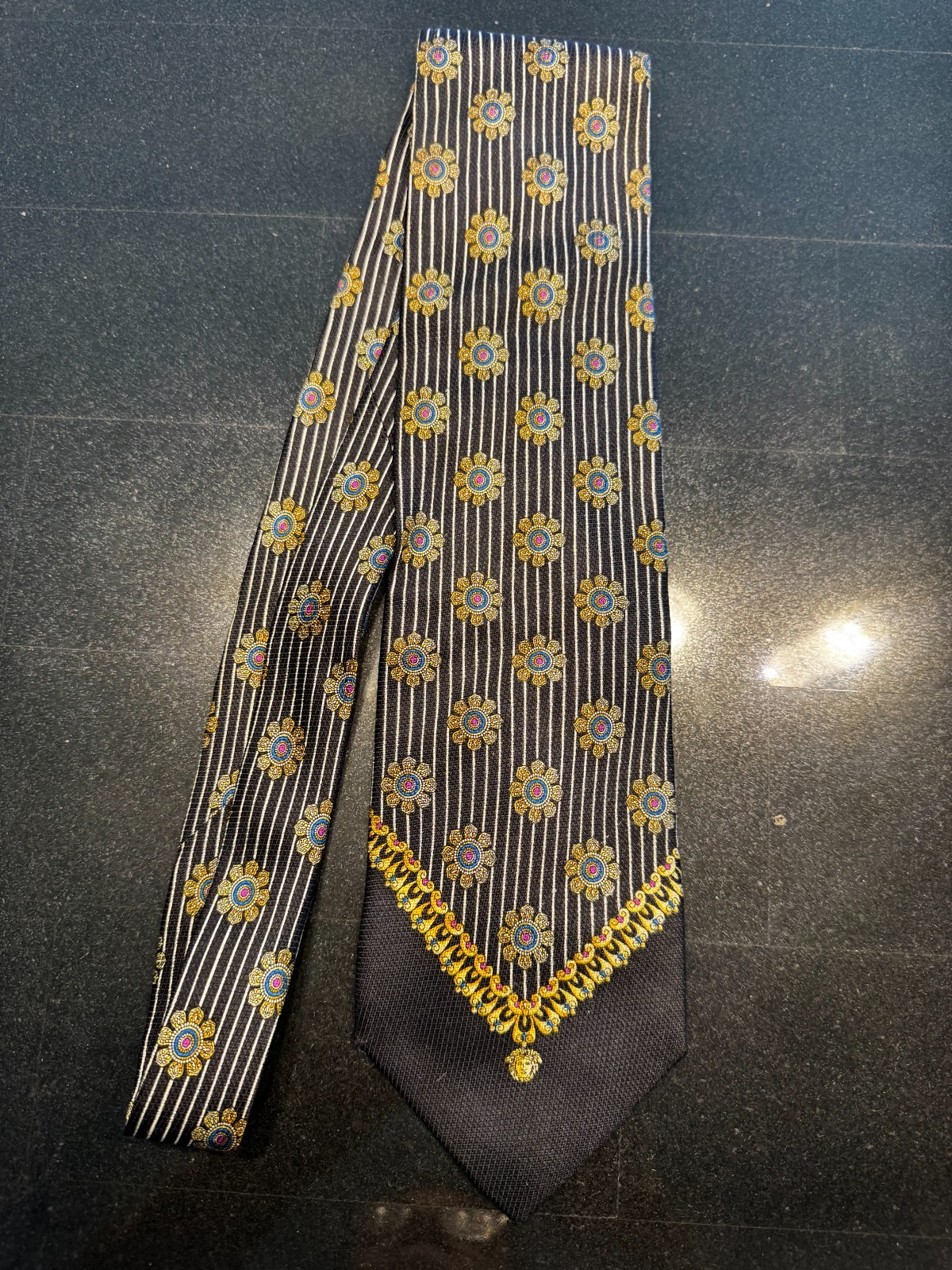 Vtg Gianni Versace Silk Tie Black Gold Gray Greek Key Medusa Head Authentic