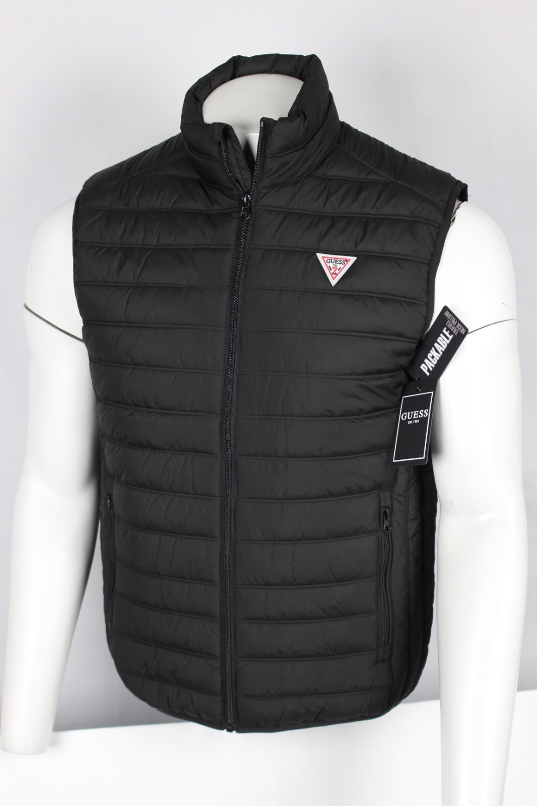 Guess Jeans Men’s Olli Quilted Packable Puffer Vest Jet Black Logo