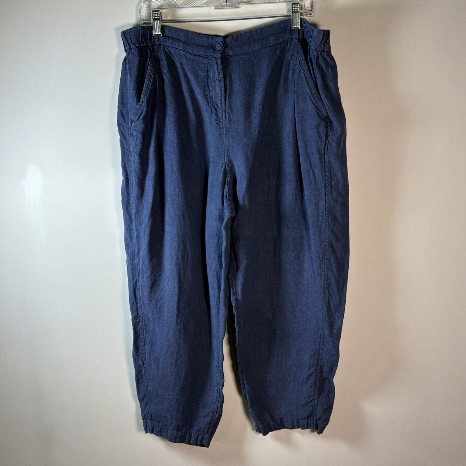 Poetry Blue Linen/Cotton Woven Pants Relaxed Tapered Ankle Mid Rise US 18