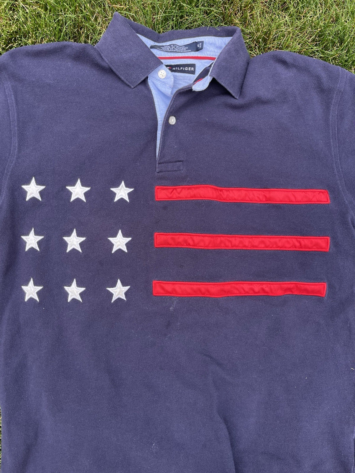 Vintage 2002 Tommy Hilfiger Men’s M Navy USA Flag Stars Polo Cotton Short Sleeve