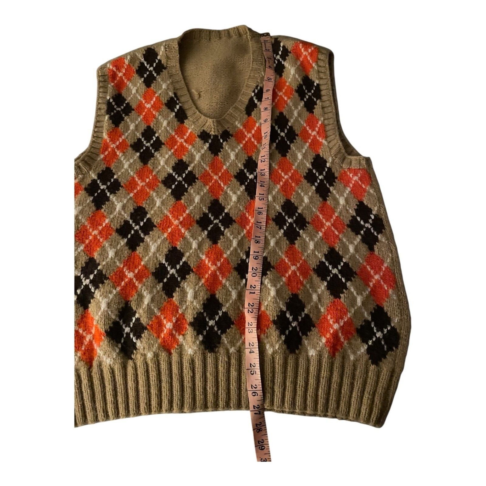 Vintage Handmade Wool Blend Argyle Grandpa Sweater Vest Tan Orange Black L