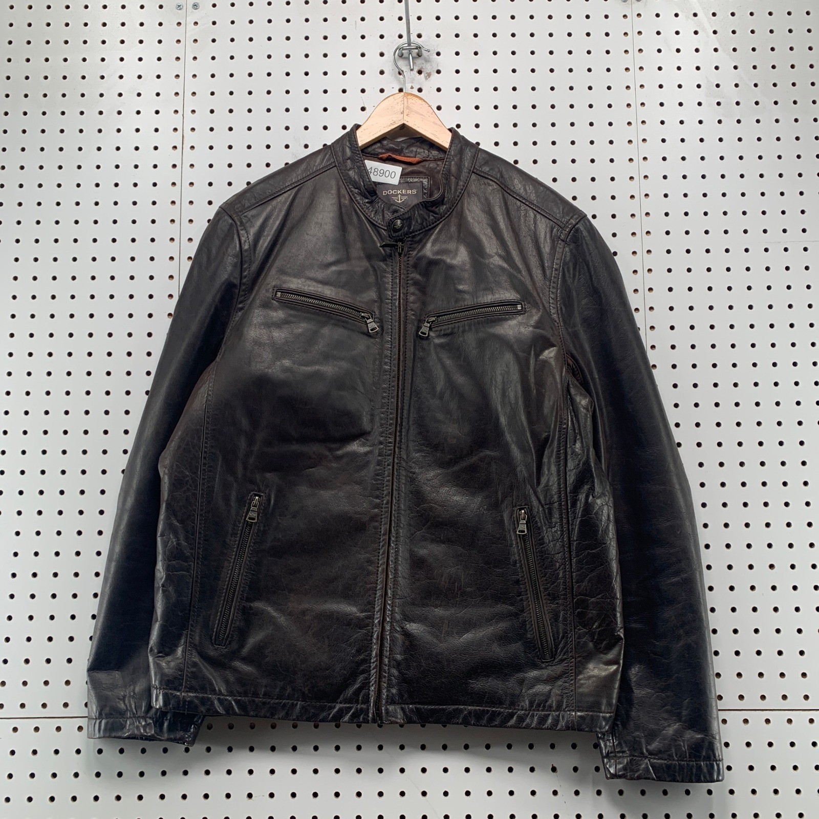 Dockers Leather Cafe Racer Jacket Mens XL Espresso Brown Moto Quilted Lining