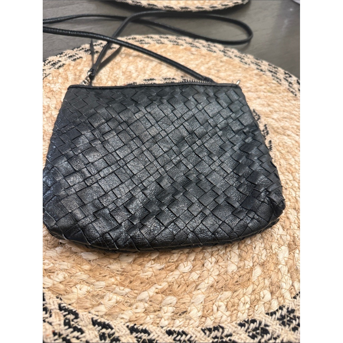 Elliott Lucca Black Woven Leather Crossbody Bag Small Zip Top Purse Handbag