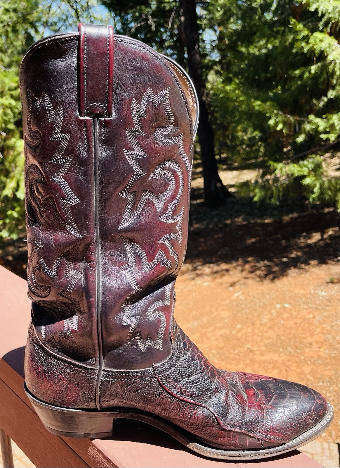 J.Chisholm Vintage Ostrich & Leather Cowboy Boots Black Cherry, 10.5 D, USA Made