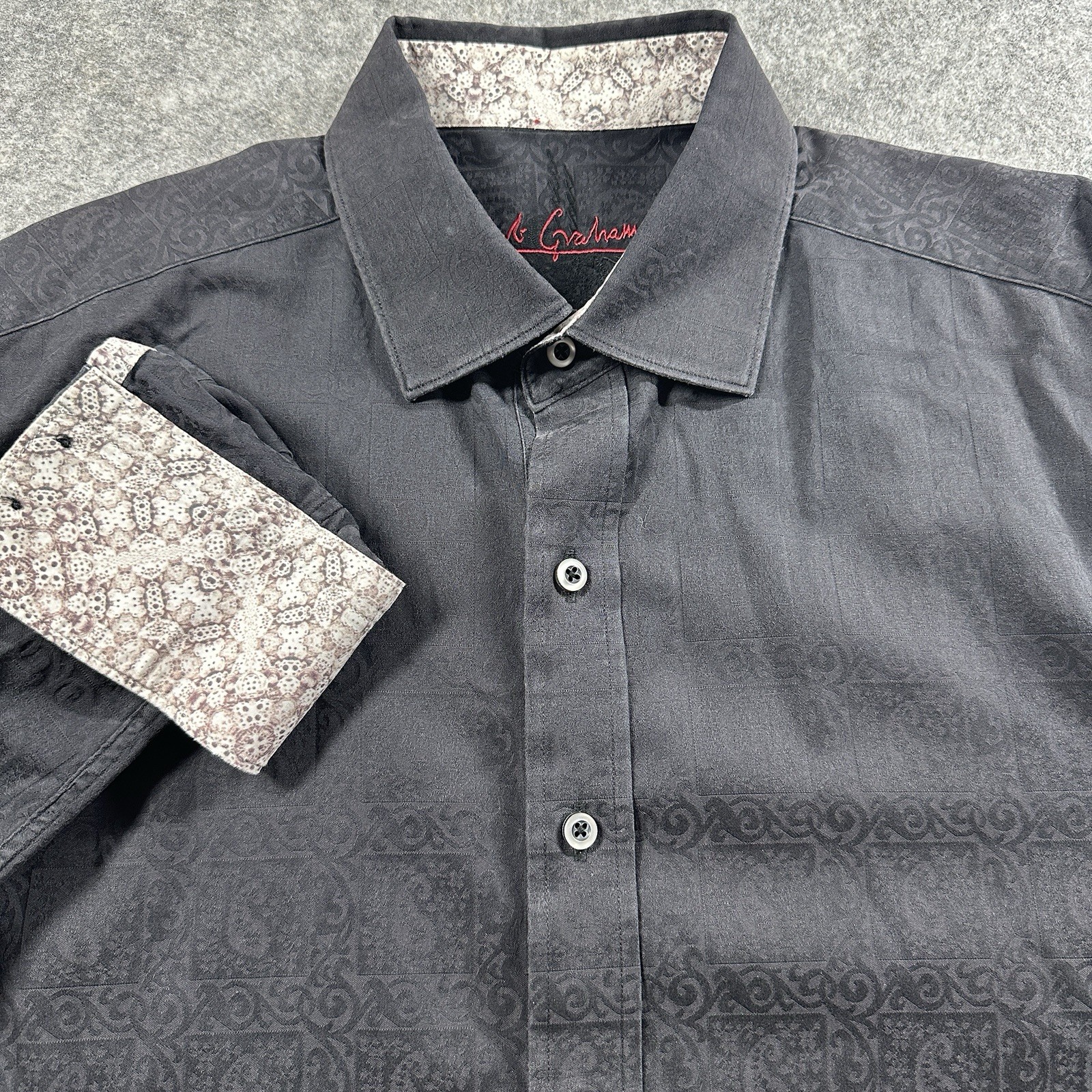 Robert Graham Shirt Mens Large Black Long Sleeve Button Down Tonal Jacquard